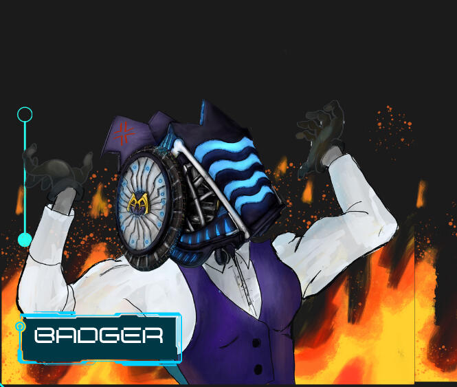 a wheelchair headed figure in purple suit cackling in fire