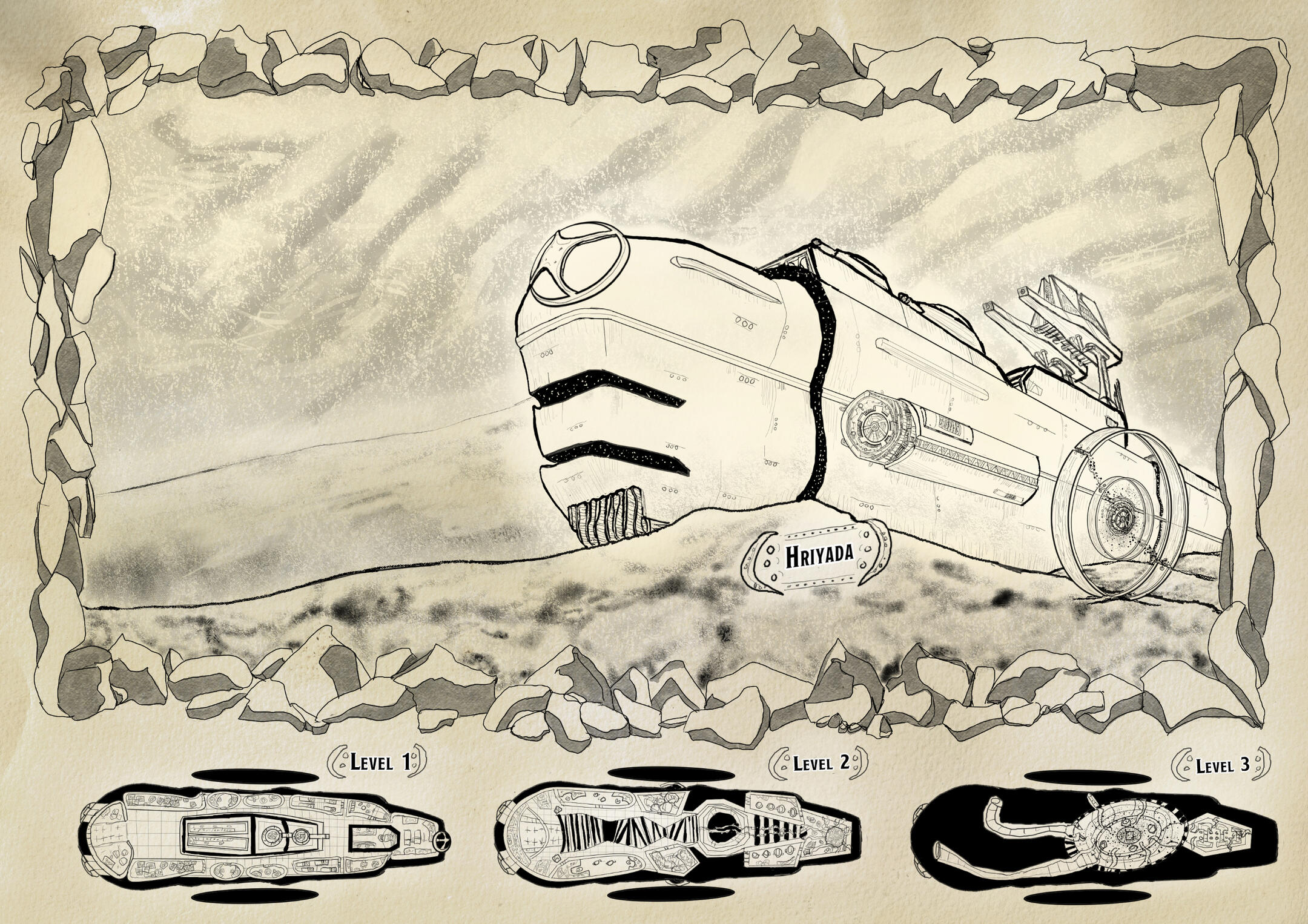 a ship underwater and below 3 iamges that are the level maps