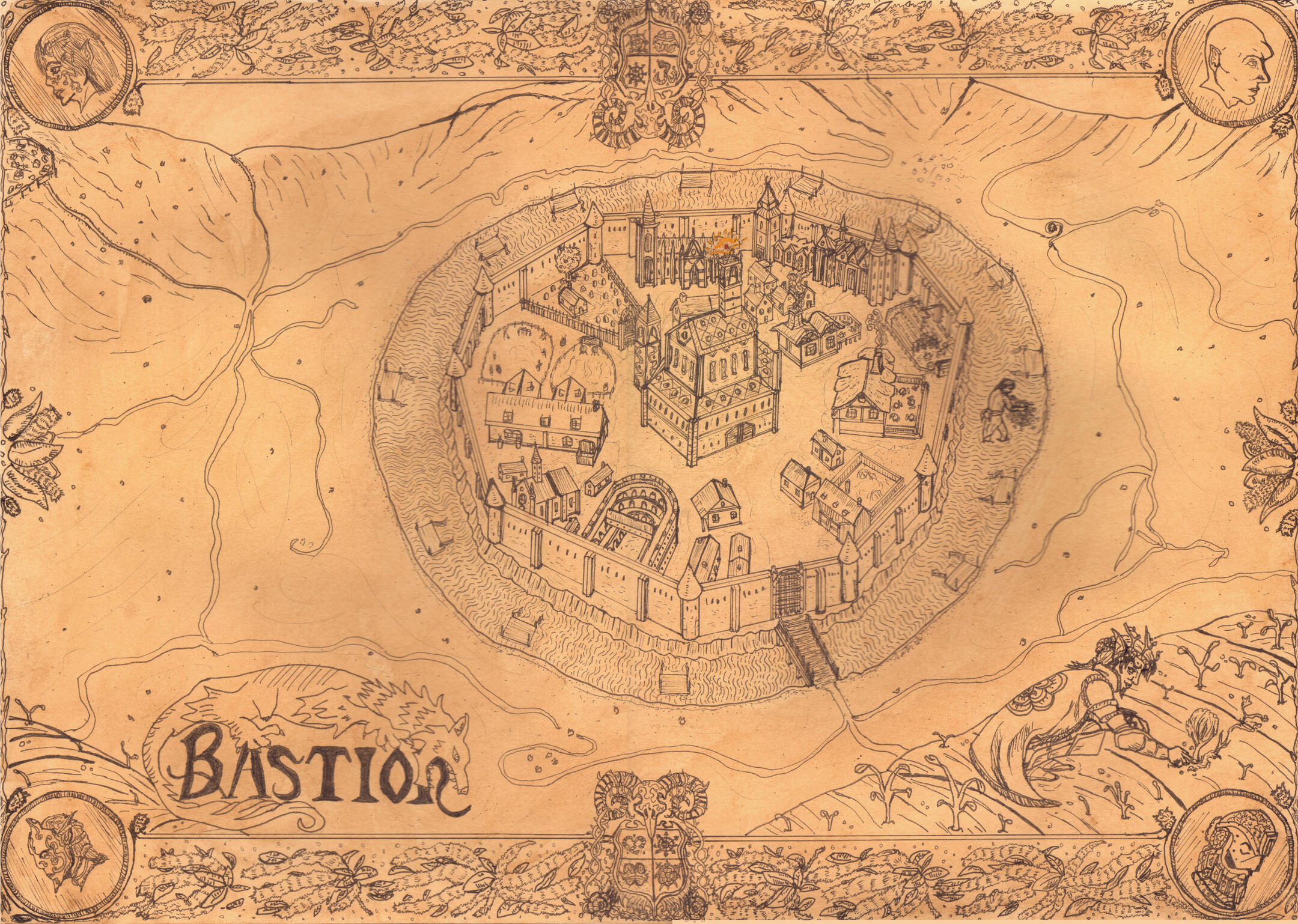 a map of the city of bastion insdie dead land with amaarnth climbing along hte border