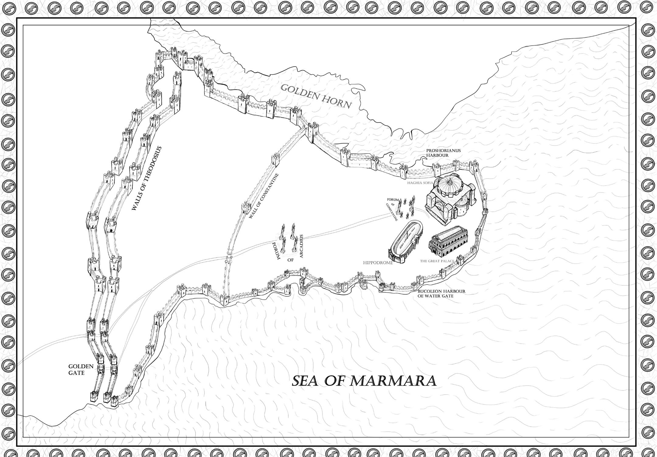 map of constinopel with sea of maram but only the most importa parts are highlighted