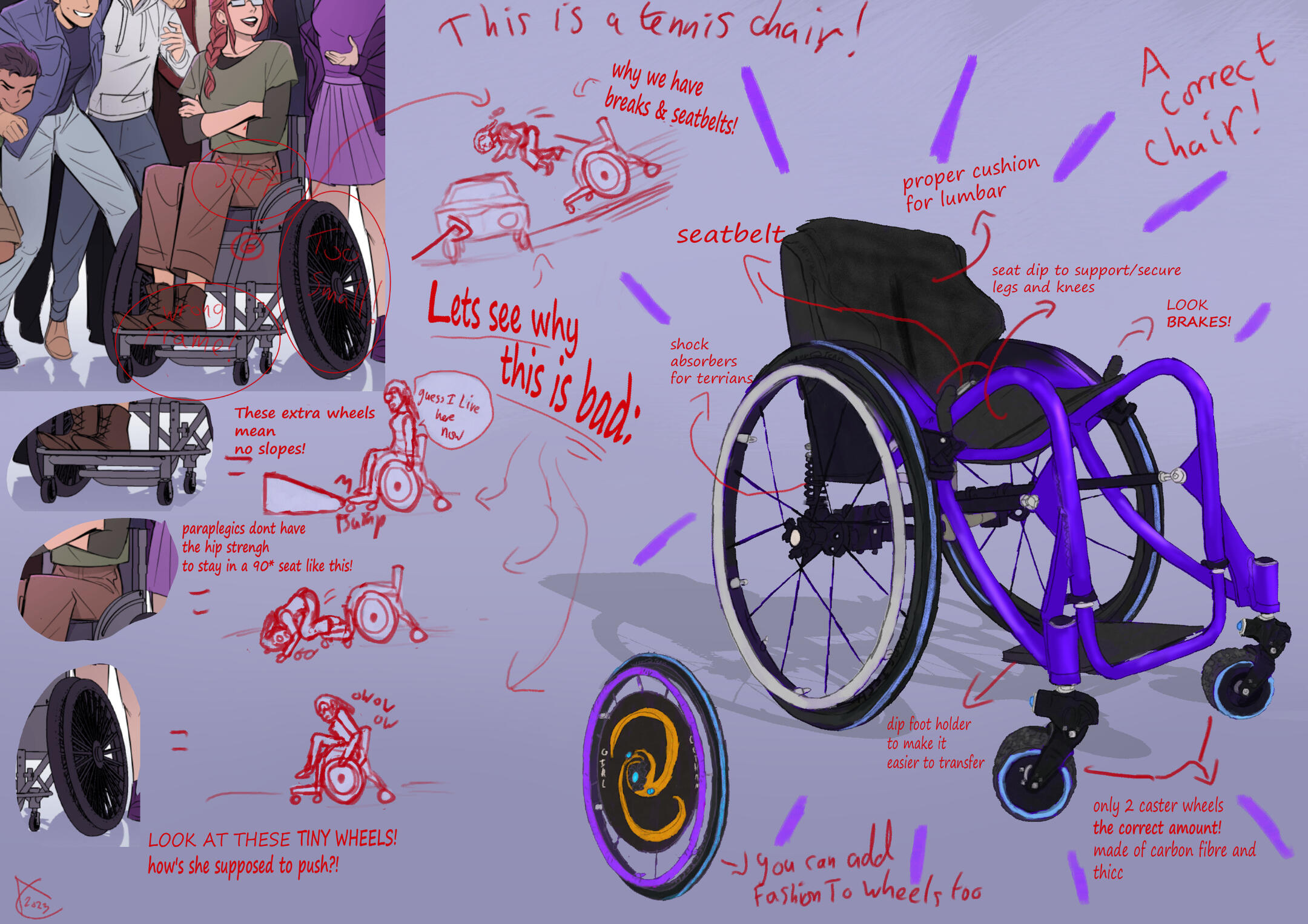 a wheelchair headed figure in purple suit cackling in fire