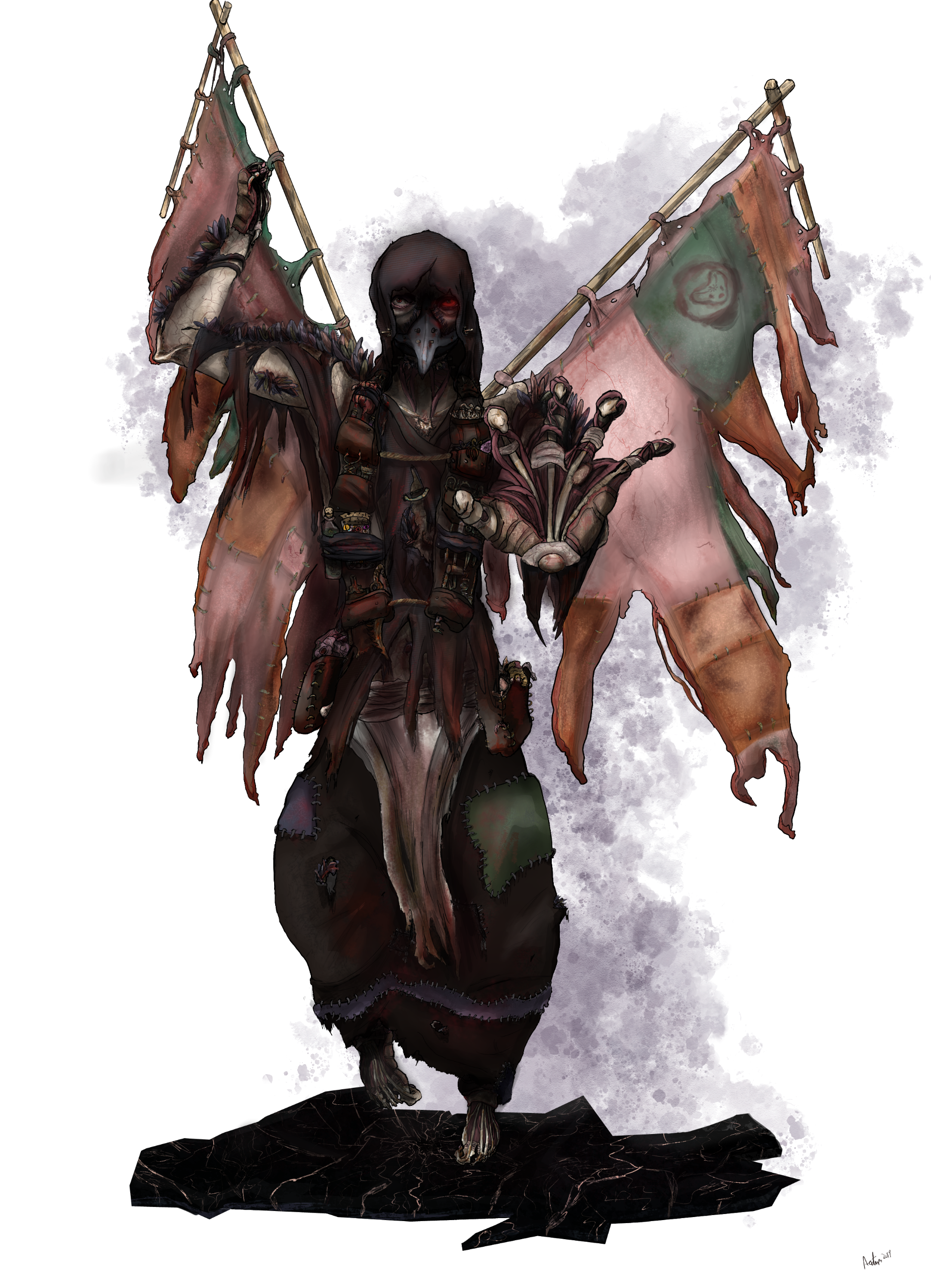 a wheelchair headed figure in purple suit cackling in fire