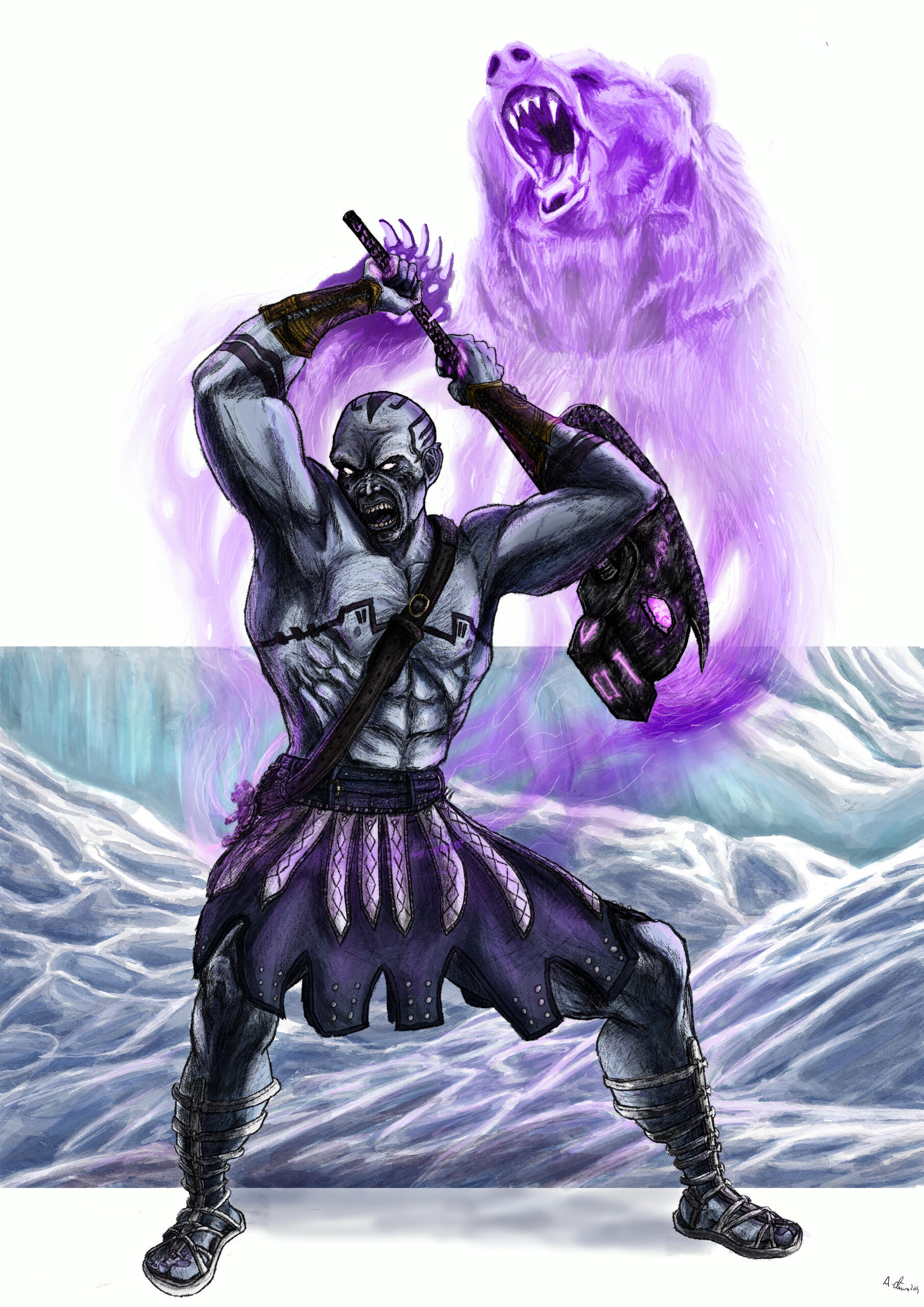 a wheelchair headed figure in purple suit cackling in fire