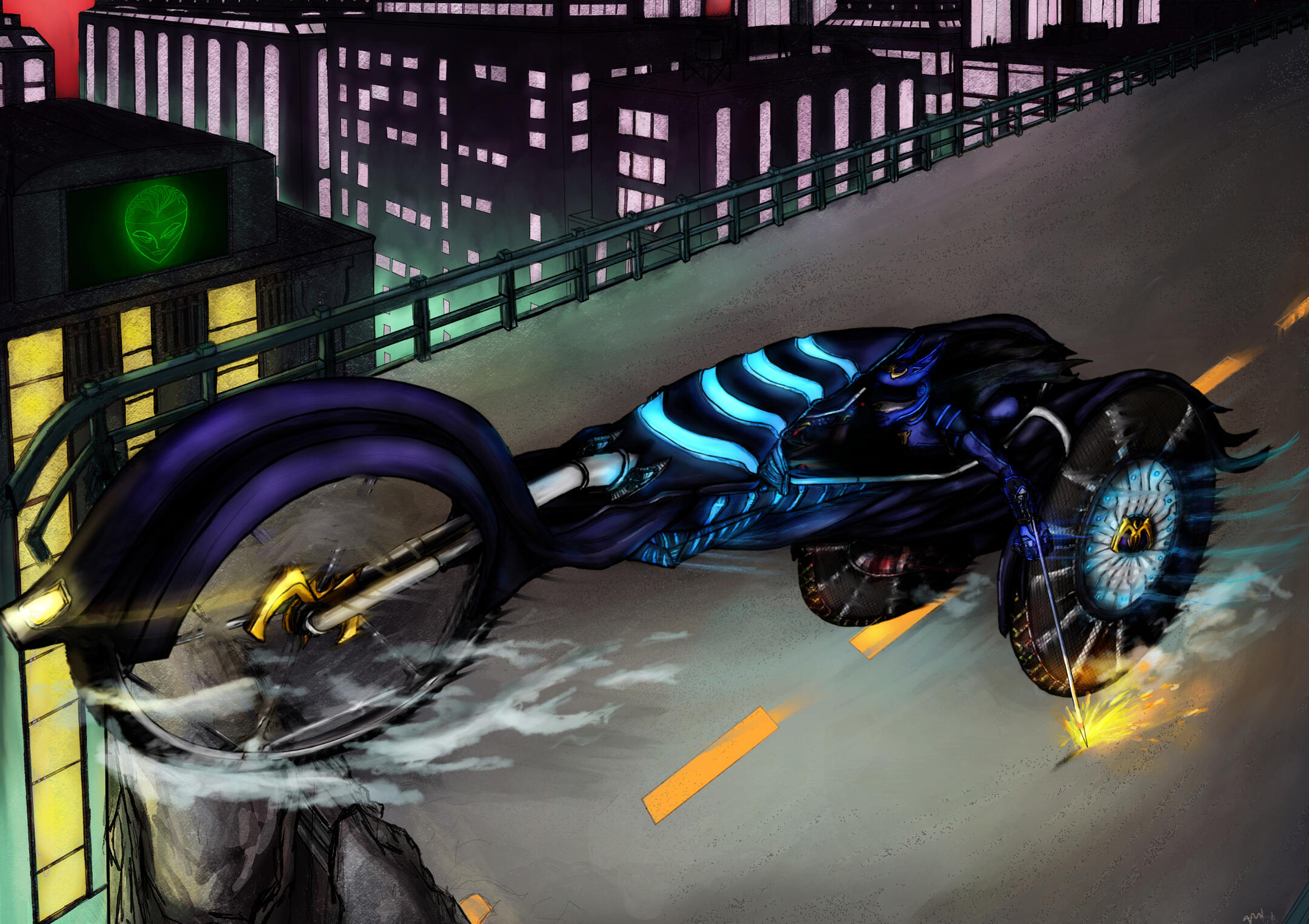 a wheelchair headed figure in purple suit cackling in fire