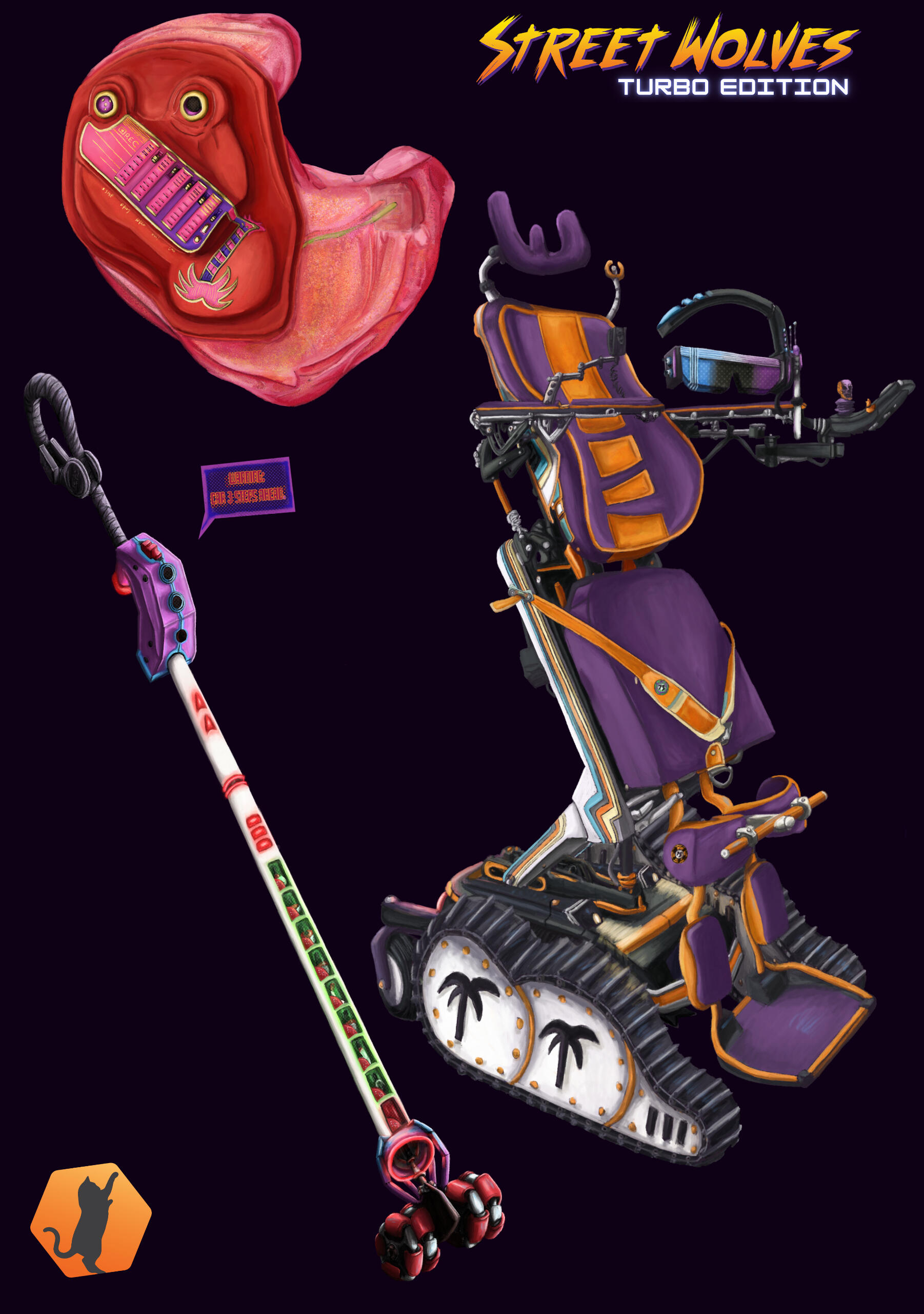 a wheelchair headed figure in purple suit cackling in fire