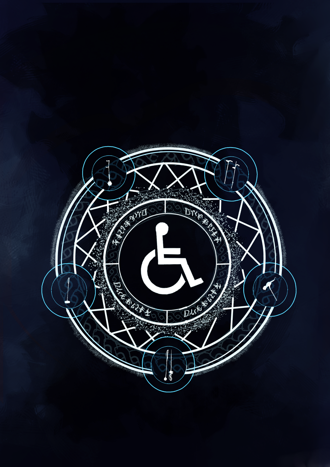 a wheelchair headed figure in purple suit cackling in fire