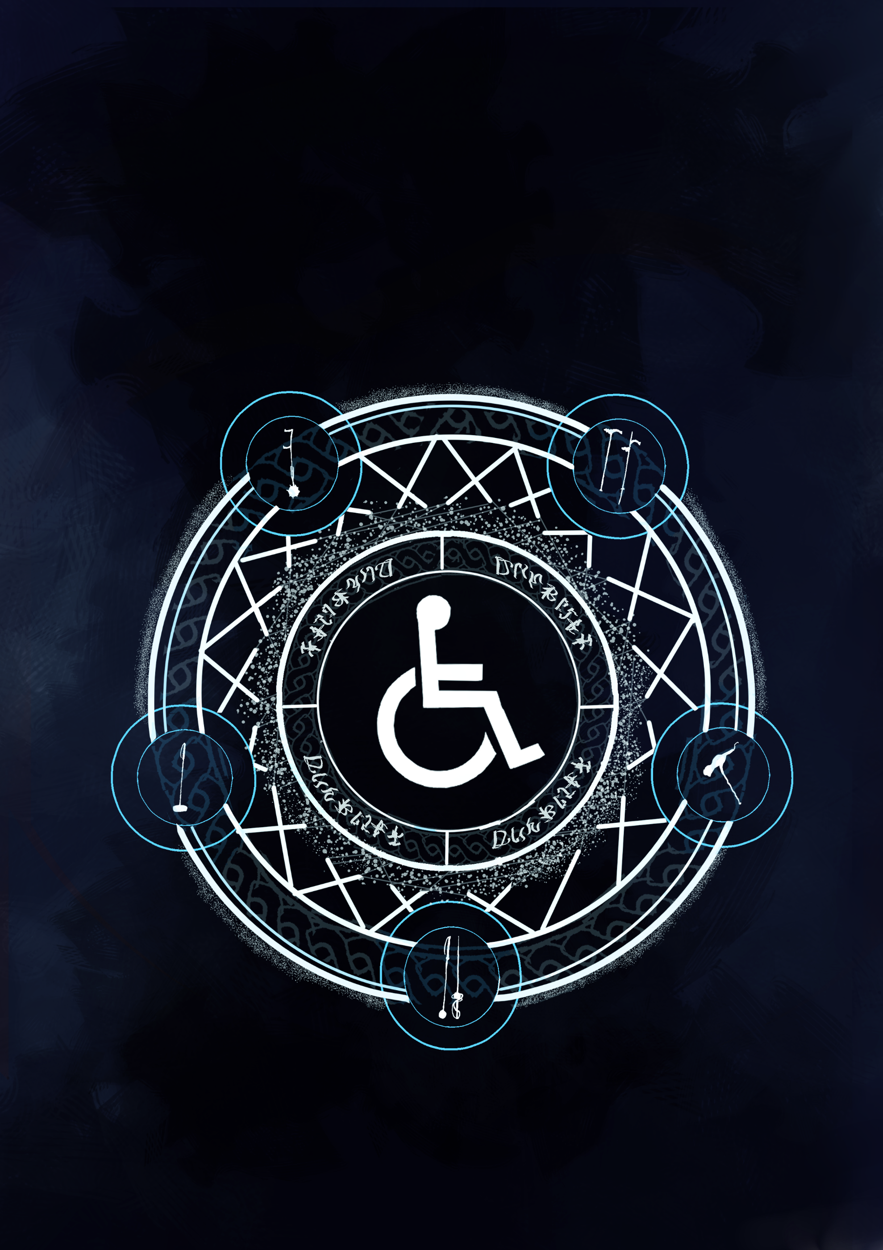a wheelchair headed figure in purple suit cackling in fire