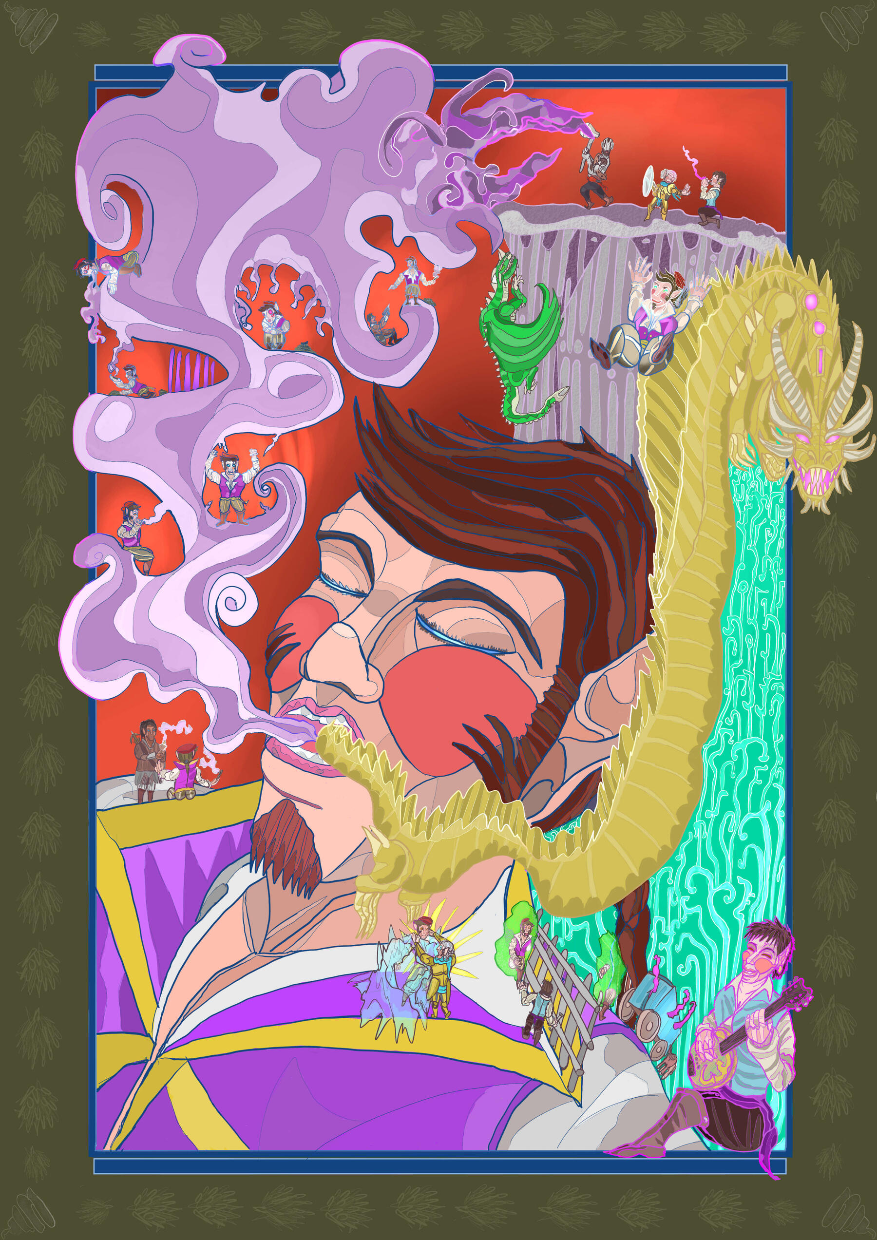 a wheelchair headed figure in purple suit cackling in fire
