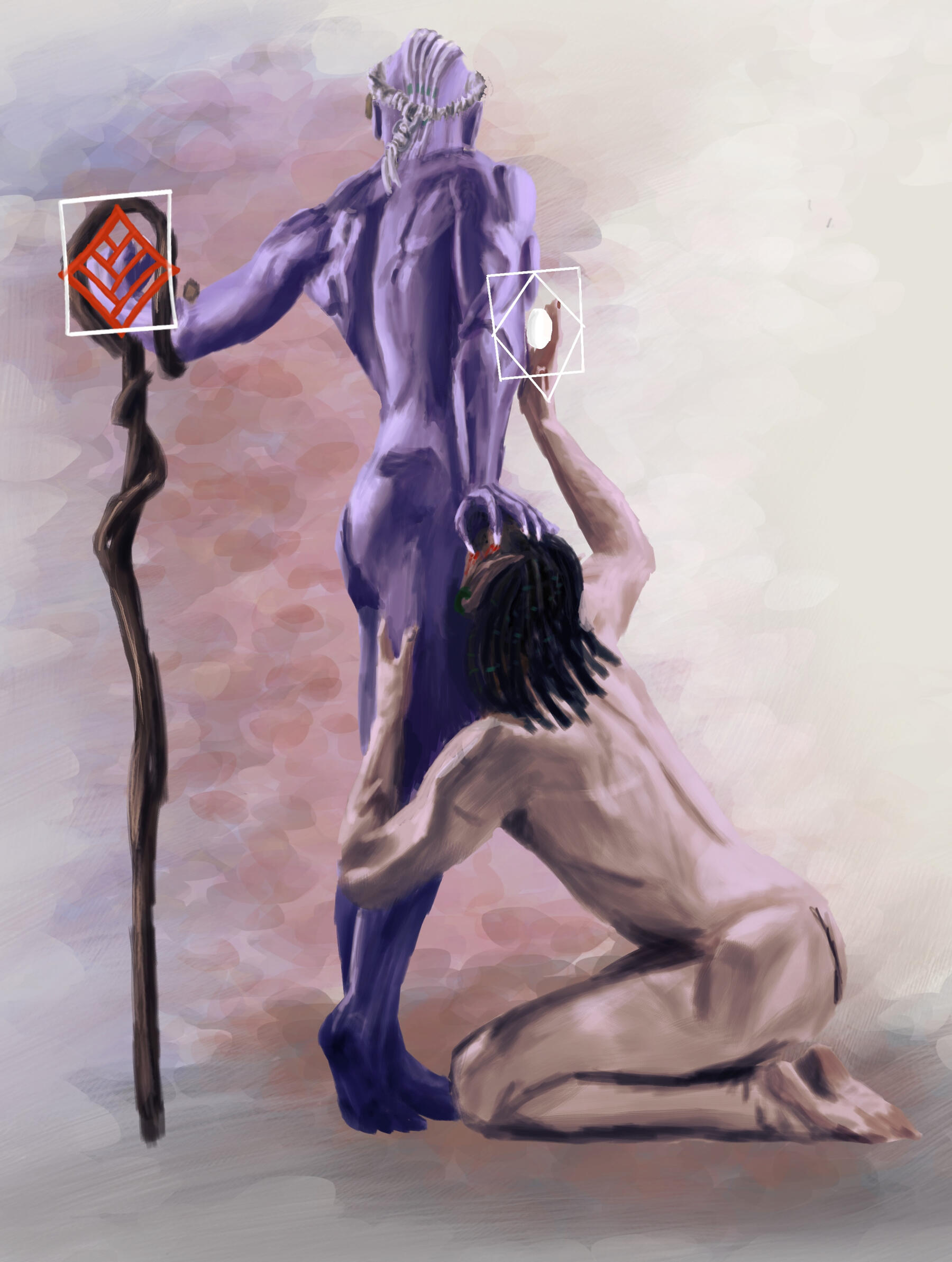a wheelchair headed figure in purple suit cackling in fire
