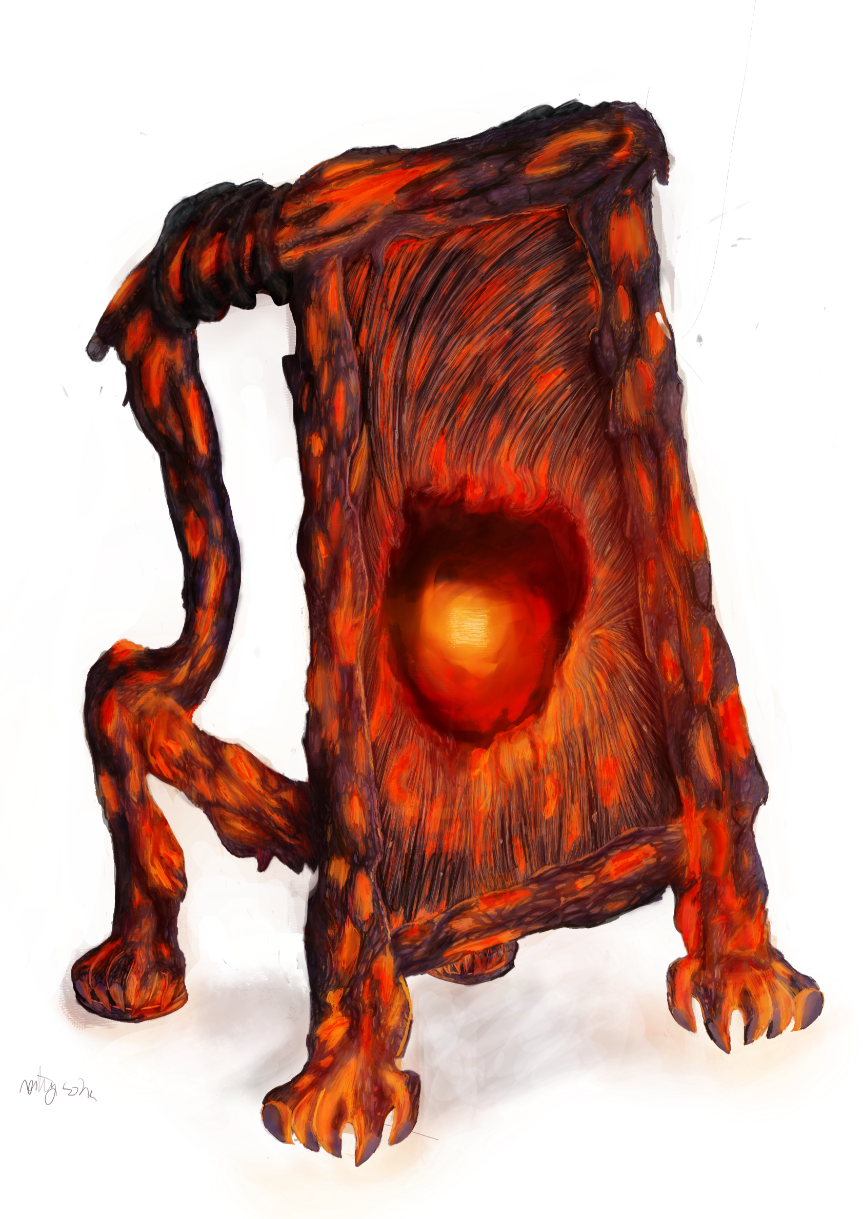 a wheelchair headed figure in purple suit cackling in fire