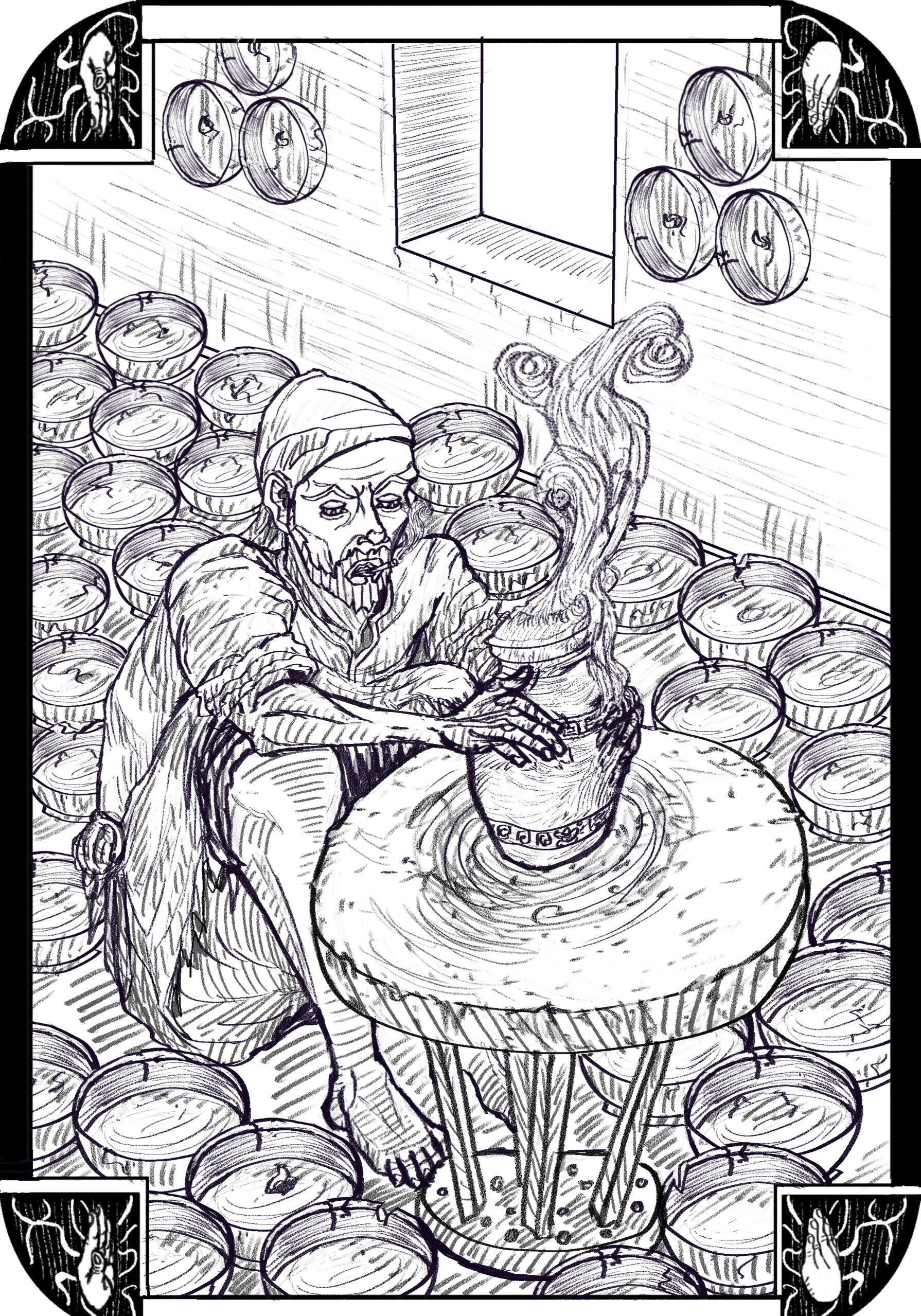 a wheelchair headed figure in purple suit cackling in fire